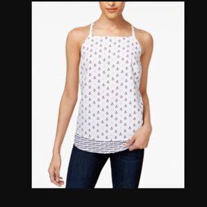 Maison Jules Bright White Blue Combo Anchor-Print Layered-Hem NWT